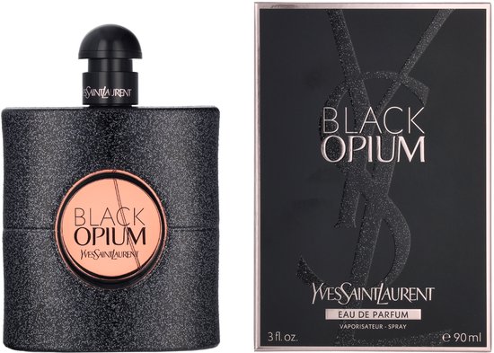 Zwarte flacon met glitterafwerking naast de bijpassende zwarte doos met 'BLACK OPIUM'.