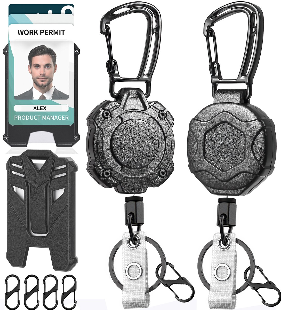 2 Stuks Heavy-Duty Uittrekbare Sleutelhanger met Pasjeshouders - Trekkoord Pashouder voor Dames/Heren - Broekclip Badgehouder 80cm Intrekbaar - Uitrolbare Karabijnhaak Sleutelkoord - Clip Sleutel Koord Uitrekbaar - ID Badges Keykoord/Kecord - Zwart