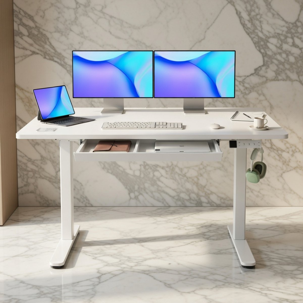 Premium Elektrisch In Hoogte Verstelbaar Bureau 120x60 cm – Sta-Zit Bureau met Lade, Geheugenfunctie en Hoofdtelefoonhaken – Modern, Duurzaam & FSC-gecertificeerd Novihome