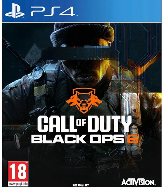 PlayStation 4 gamecover 'Call of Duty: Black Ops 6' met soldaat en logo. Leeftijd 18.