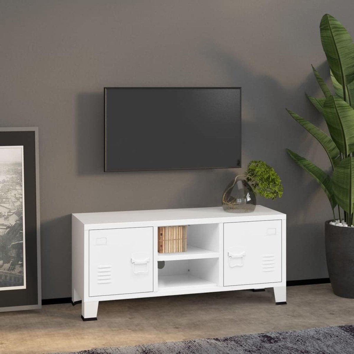 Industrieel TV-meubel - Media meubel - Woonkamer inrichting - Met deuren en plank - 105x35x42 cm - Wit