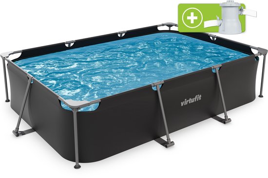VirtuFit Rechthoekig Zwembad 300 x 210 x 66 cm - Incl. Filterpomp - Opzetzwembad - Duurzaam & Veilig Stalen Frame - Antraciet