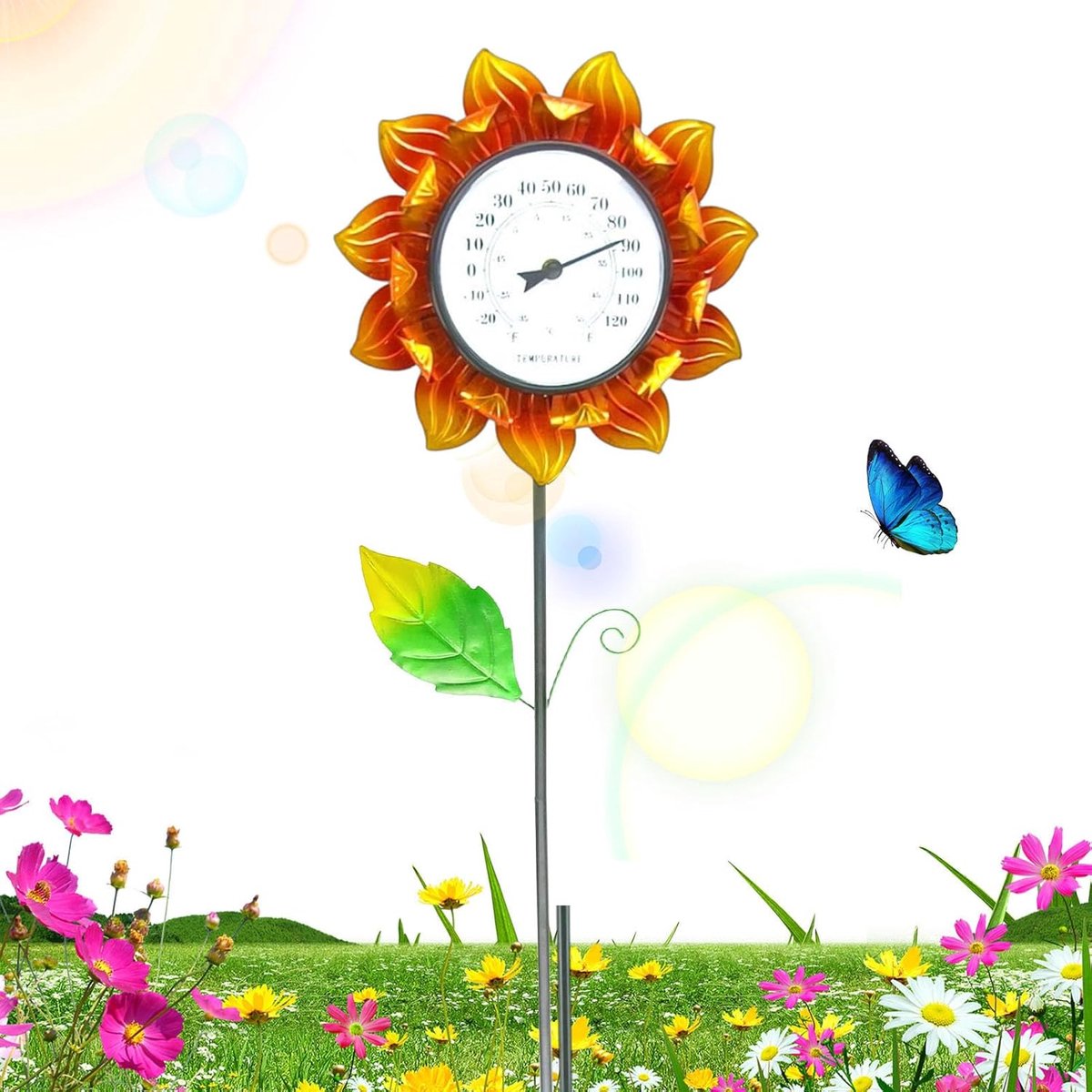 Decoratieve Buitenthermometer - Tuinthermometer Staaf - Tuindecoratie Weer - Mechanisch Uurwerk - 102 cm Hoog - Zonnebloem