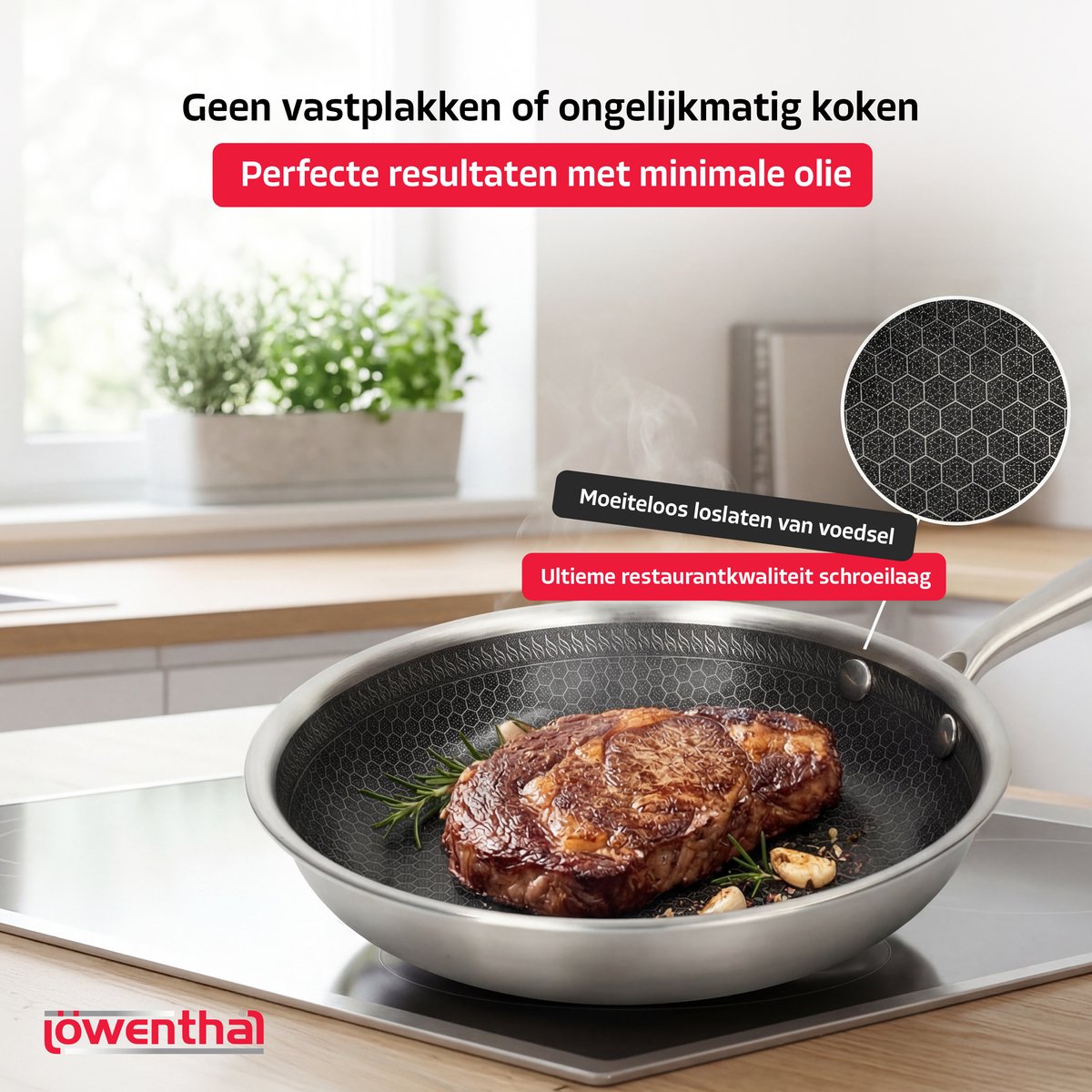 Koekenpan Ø 24 cm - PFAS Vrij & PTFE Vrij - RVS Honingraat Hybride Pan - Geschikt voor Inductie, Elektrisch, Keramisch & Gas - Hexagon Anti Aanbak Pan - Krasbestendig - Oven tot 280°C - Duurzame Keramische Coating - Keukengerei - Koken - Löwenthal — cadeau in Koken & Dineren - foto 5