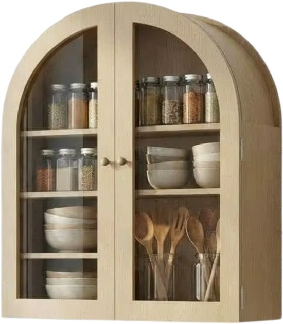 Houten wandkast met gebogen raam en glazen deuren, gevuld met schalen, potjes en keukengerei.