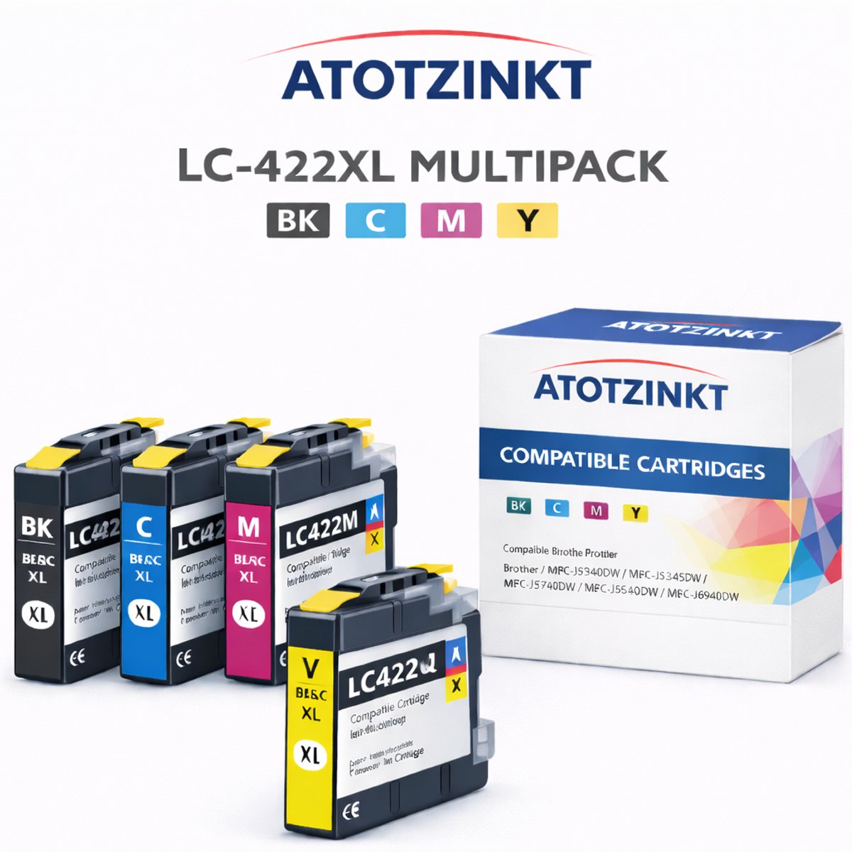 Atotzinkt premium huismerk inkt cartridges voor Brother 422 / LC-422 inktcartridges - Multipack 4 Kleuren - Geschikt voor Brother MFC-J5340DW, J5345DW, J5740DW, J6540DW en J6940DW