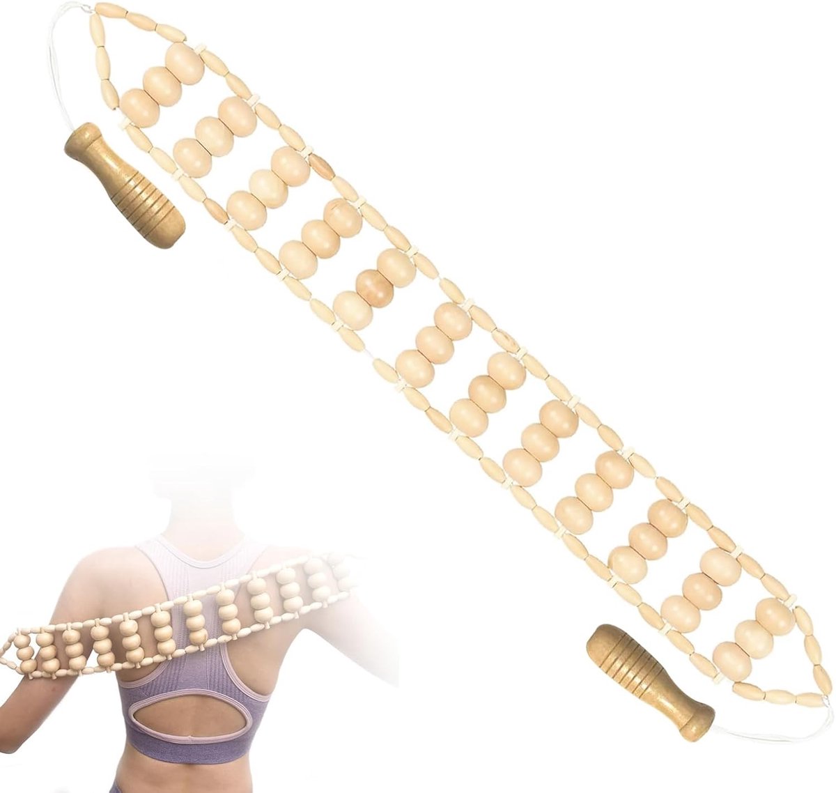 Massageroller Hout - Fascia Roller Stok - Spierontspanning Herstel - Met Handvat Bereik - 120 x 7.5 cm - Natuurlijk Hout