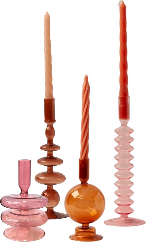 WinQ - Kleurige Glaskandelaren in een Pink/Maroon/Rose Combinatie - Kaarsenhouder glas - Set bestaande uit 4 stuks – Decoratie woonkamer - Dinerkaarsen