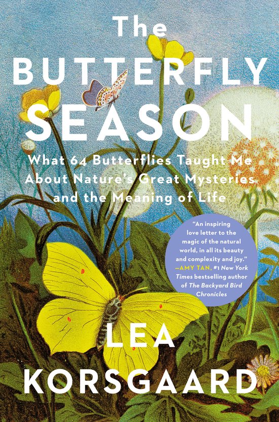 Boekomslag van 'The Butterfly Season' met tekst en illustraties van vlinders en gele bloemen.