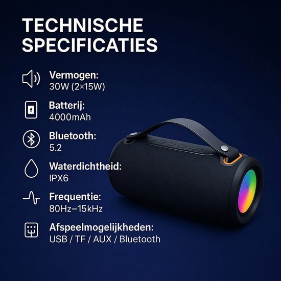 SyncGear Bluetooth Speaker 30W - Draagbare Draadloze Speaker met RGB Lichtshow - FM Radio - IPX6 Waterdicht - Kleur: Zwart van SyncGear — afbeelding 2