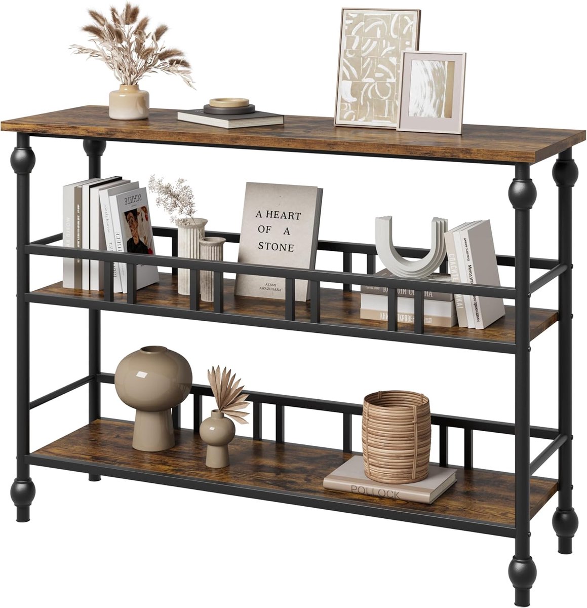 HOERFURIY Industriële Sidetable - Wandtafel met 3 Lagen - Smalle Consoletafel met Romeinse Stijl Poten - Haltafel voor Woonkamer & Gang - 109 x 30 x 80 cm bruin