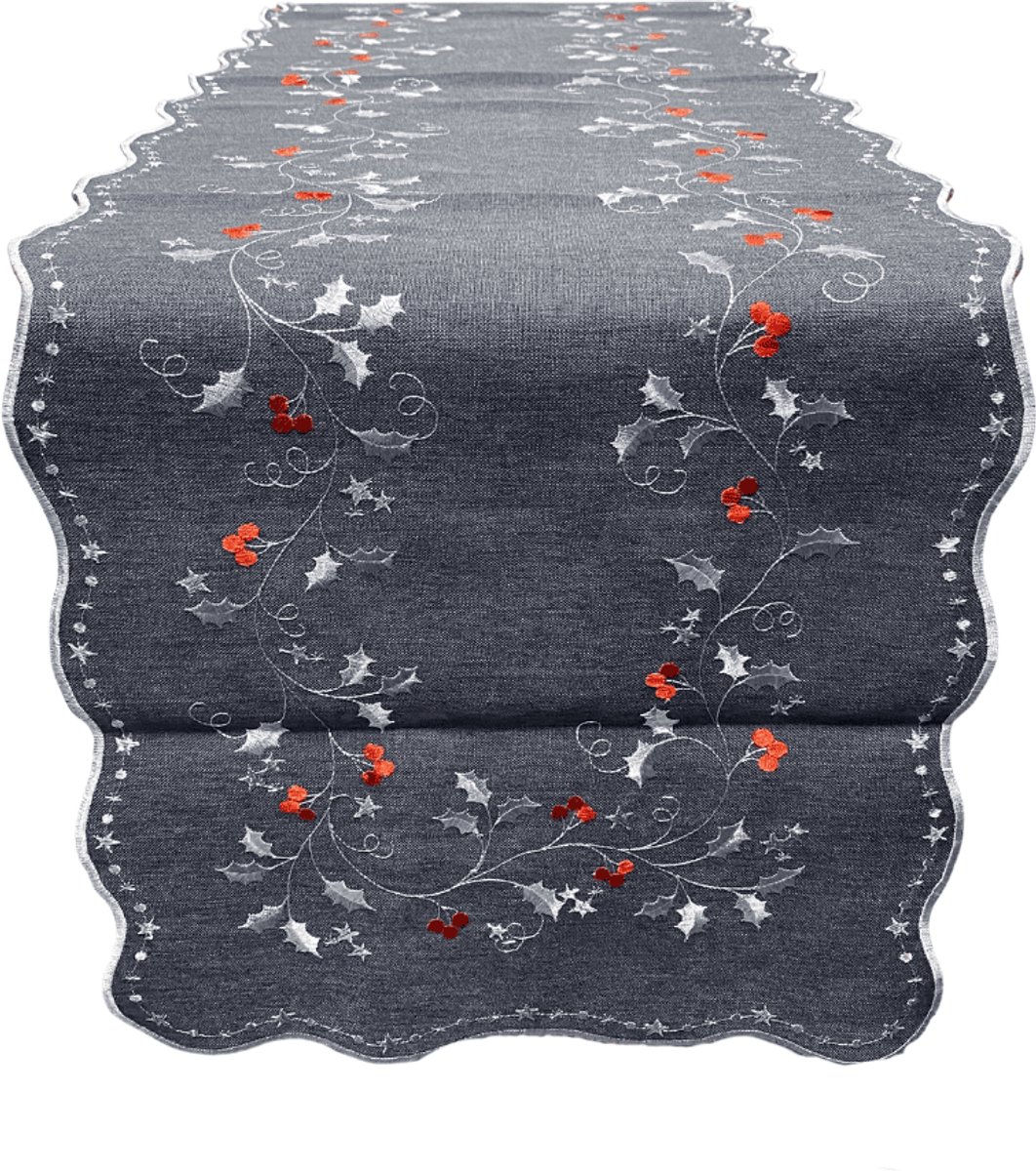 Tafelloper - Linnenlook - Grijs - Zilverkleurige hulst - Rode bessen - Loper 40 x 140 cm