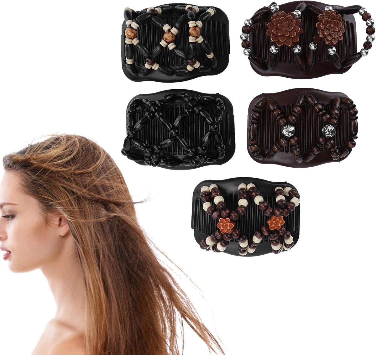 Haarkam Set - Elastische Haarclip - Dagelijks Gebruik - Dubbele Rij Kralen - 15x15x7 cm