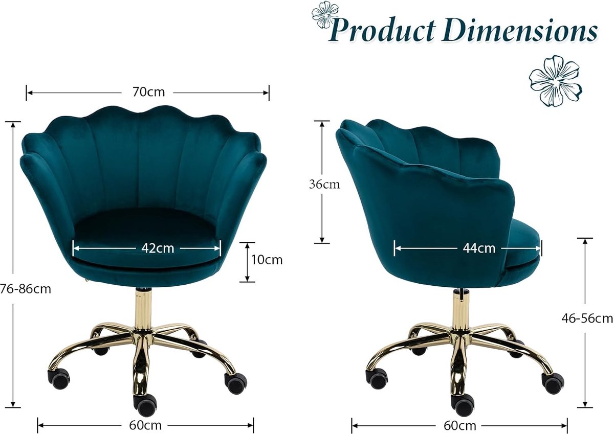 Bureaustoel Fluweel – Casa Velluto Aurora Velvet Draaistoel – In Hoogte Verstelbare Make-up Stoel met Wielen – Luxe Bloemblad Rugleuning – Moderne Kaptafel Stoel voor Slaapkamer, Bureau en Home Office – Turkoois met Gouden Onderstel