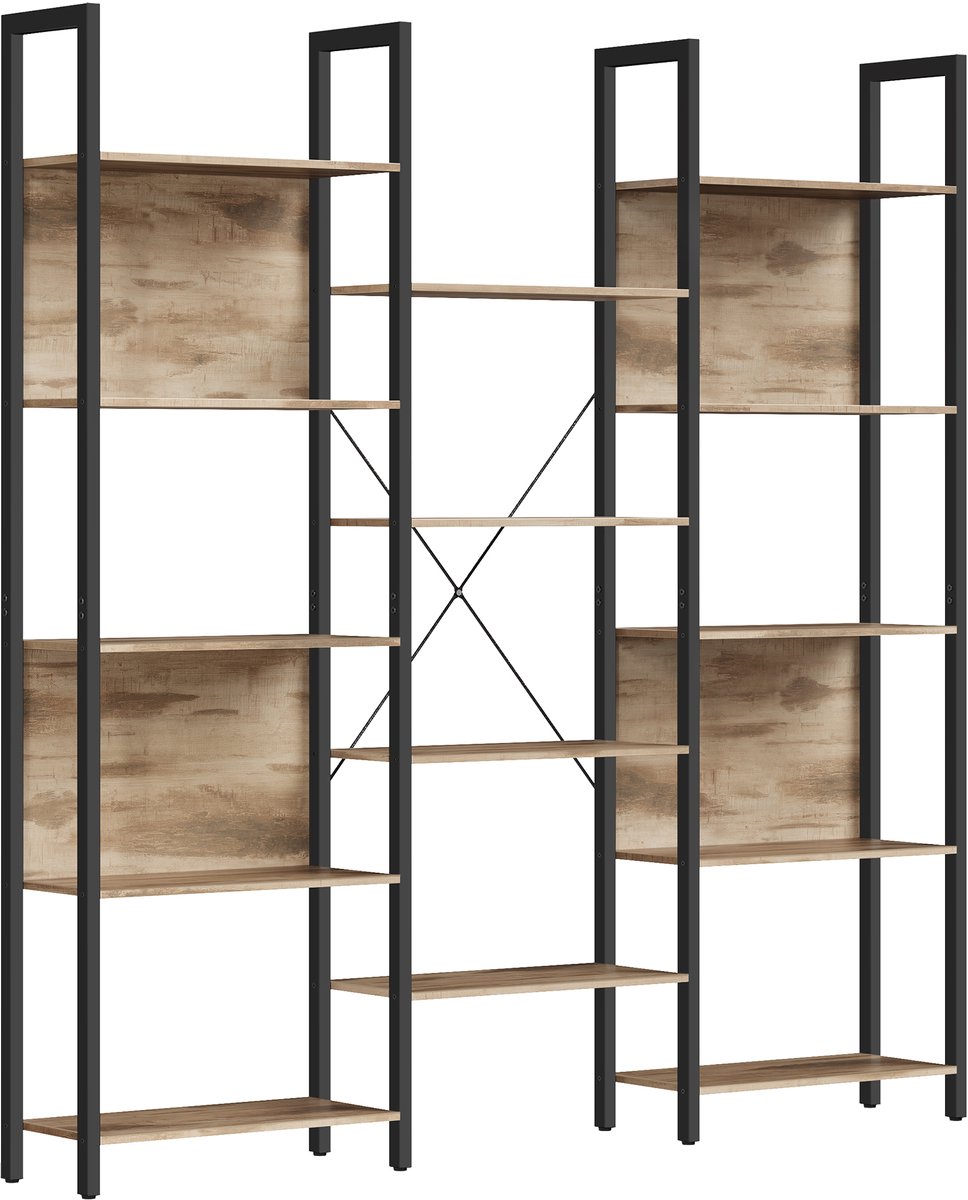 Vasagle Boekenkast - Met 14 Planken - Metalen Frame - Industrieel Design Lichtbruin-Zwart