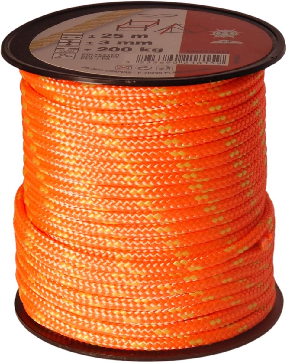 Polyester Vlaglijn 25 m - 200 kg - 3 mm - Oranje/Groen - Veelzijdig Touw voor Buitenactiviteiten
