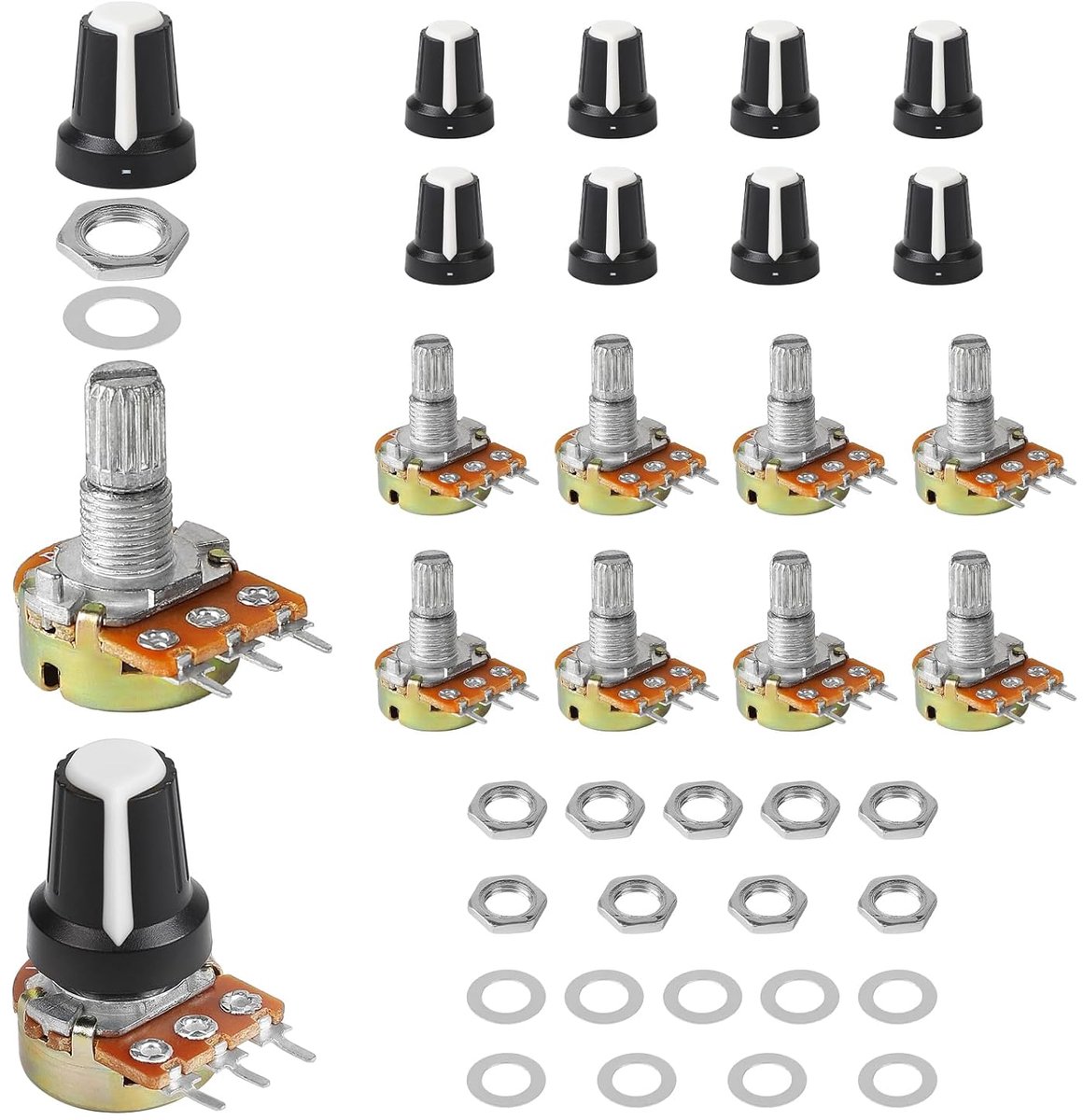 Draaipotentiometer Lineair met 10 Witte Knoppen - Verkrijgbaar in Diverse Weerstanden (1K-1M Ohm)
