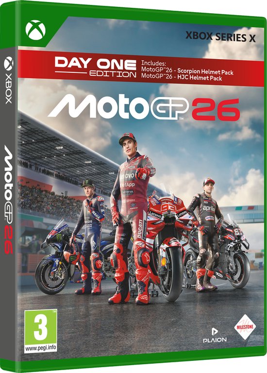 Doos van MotoGP 26 Day One Edition voor Xbox Series X met drie coureurs en motoren op de voorgrond, tribunes op de achtergrond.