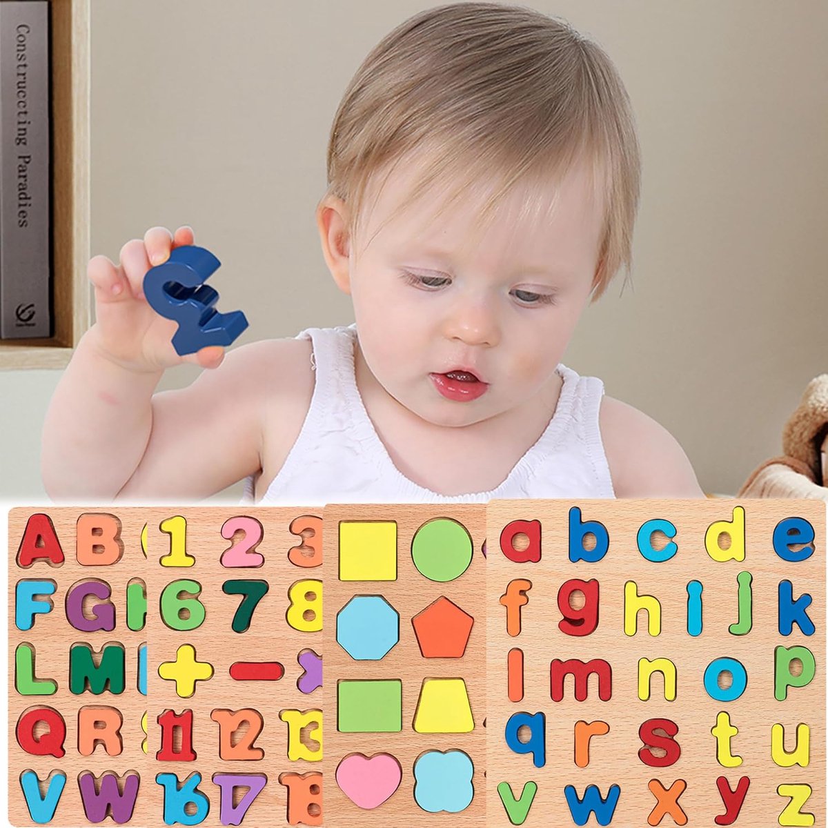 QSLKI 4 stuks Houten Puzzel Voor Kinderen, Alfabetpuzzel, Nummer Vorm Puzzels Peuterspeelgoed, Montessori Houten Speelgoed Om Te Tellen, Houten Alfabet Puzzel Peuter Voor Kinderen 3-12 Jaar