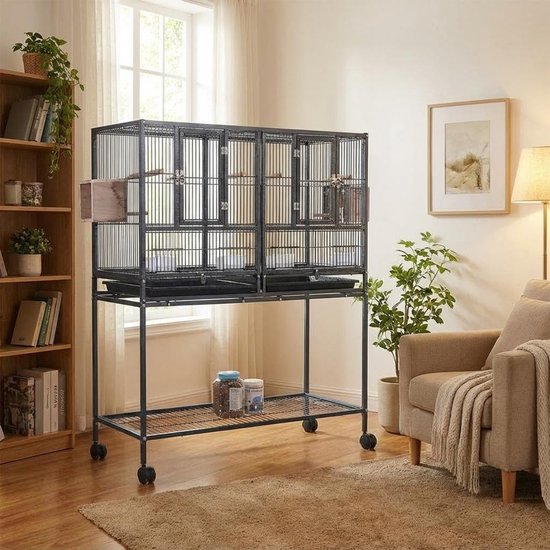 Grote vogelkooi op wielen met lade en opbergplank – 94x45x106 cm – Zwart – Voor grasparkieten, parkieten & valkparkieten