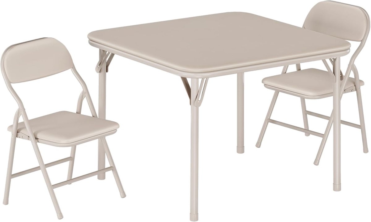 3-Delige Opvouwbare Kindertafel en Stoelen Set - Speeltafel met 2 Stoeltjes - Gewatteerd PU Leer - Geen Montage - Veilig (Anti-Knel) - Beige