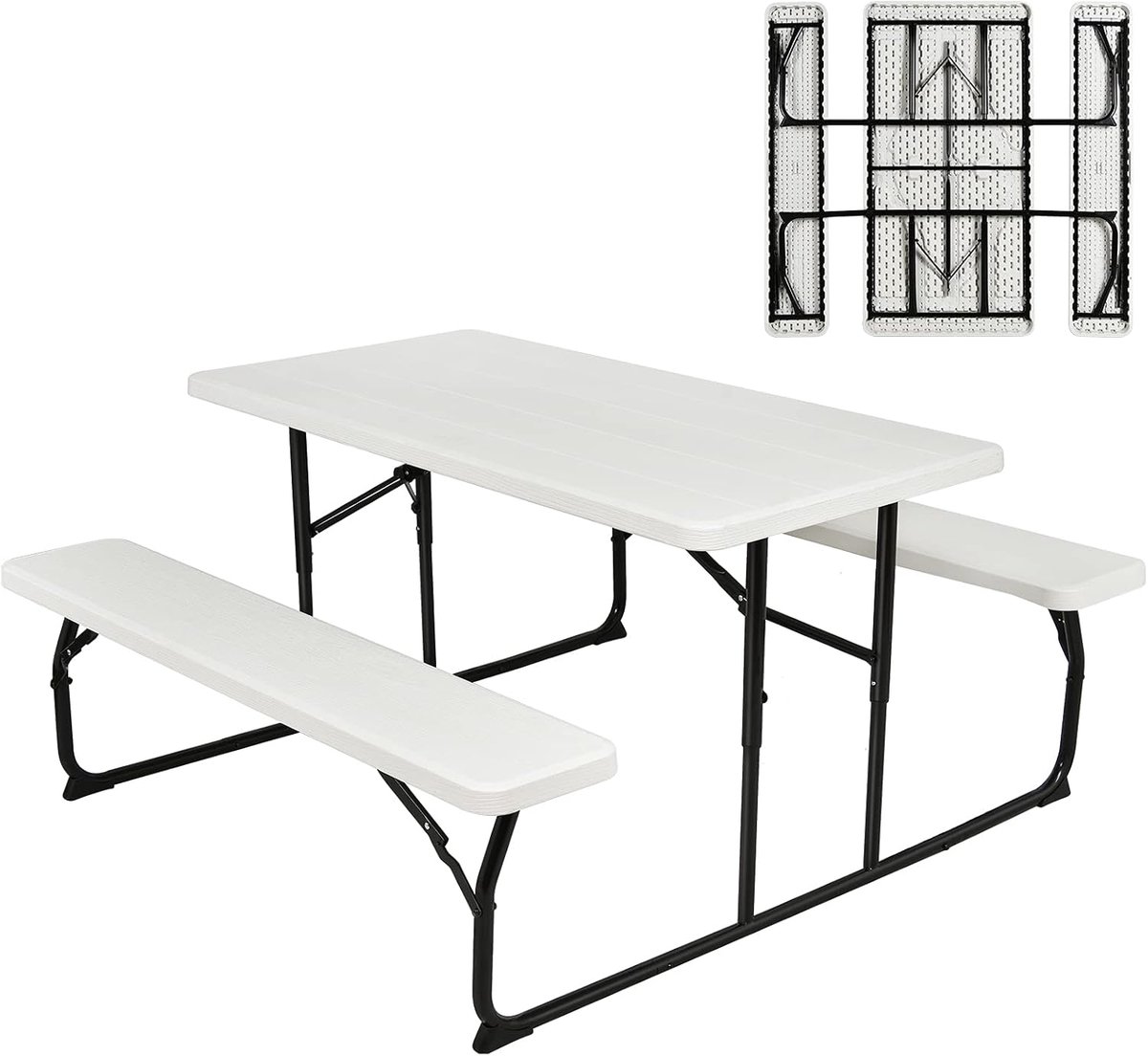 KOMFOTTEU Campingtafel met stoelen, inklapbaar, biertentgarnituur, 3-delig met 1 biertafel en 2 bierbanken, picknicktafel, opvouwbaar en ruimtebesparend, campingset, tuingarnituur, draagbaar, voor