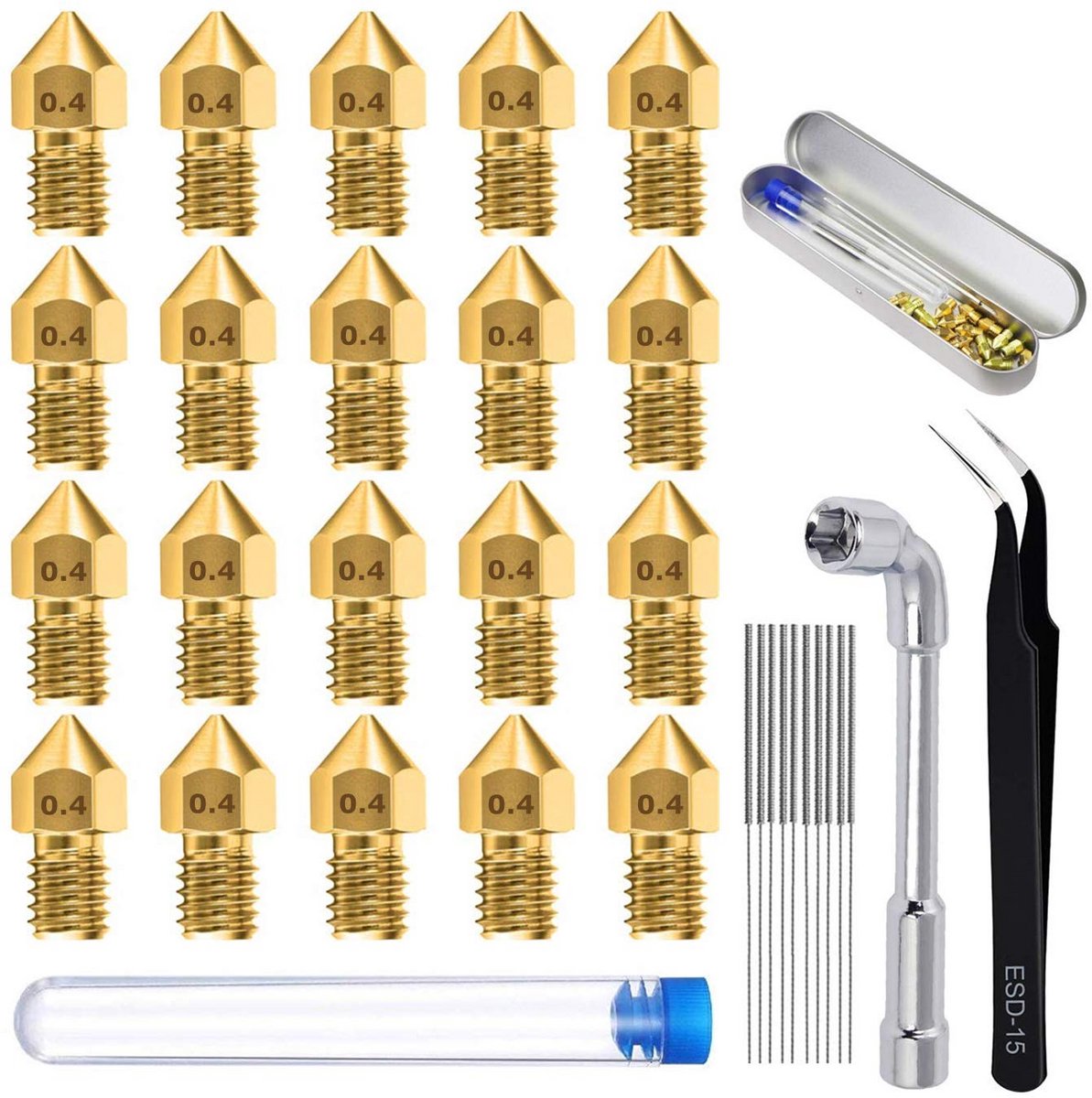 20 Stuks 0,4 mm 3D Printer Extrudermondstukken met 10 Reinigingsnaalden en 1 Pincet