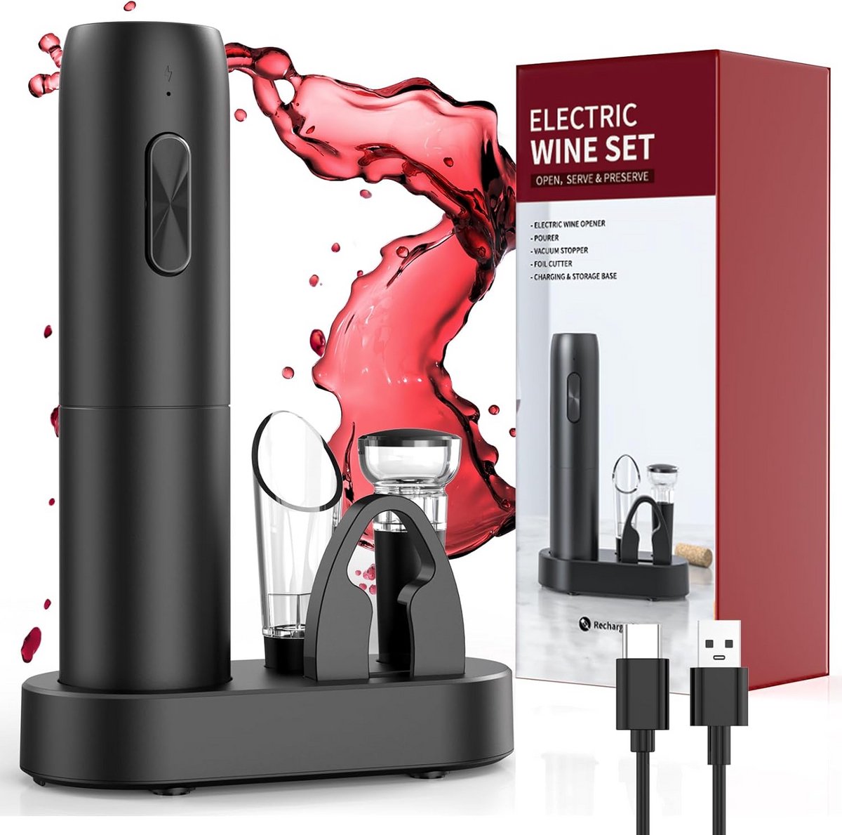 Oplaadbare elektrische kurkentrekker en wijnaccessoire set, 6-in-1, perfecte cadeau