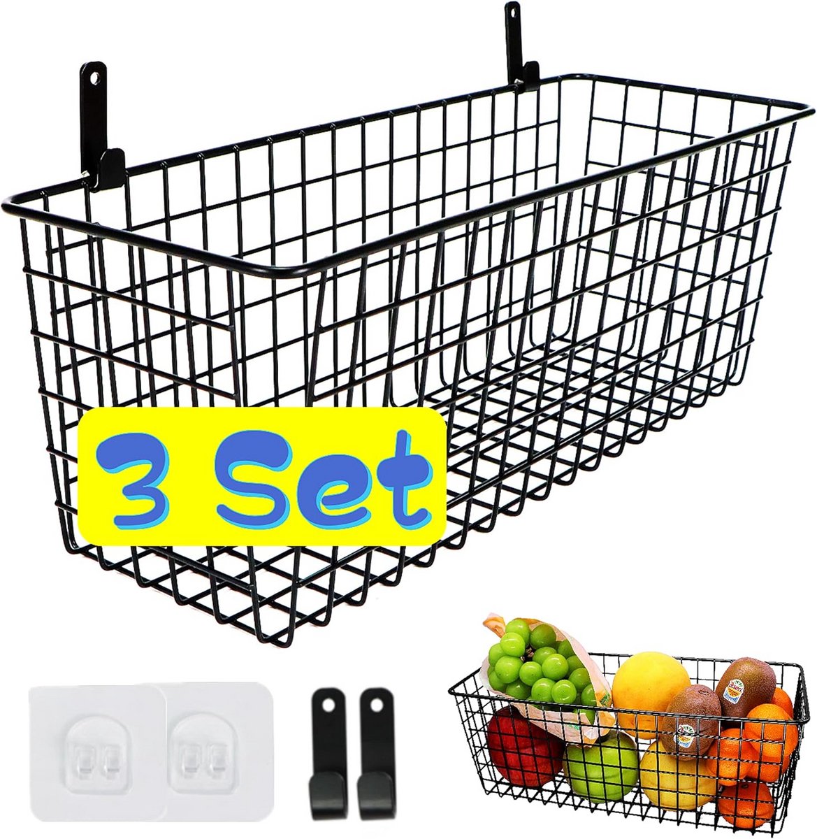 Hangende muur draadmanden set van 3 - Extra groot voor keuken, badkamer en garage - Zwart