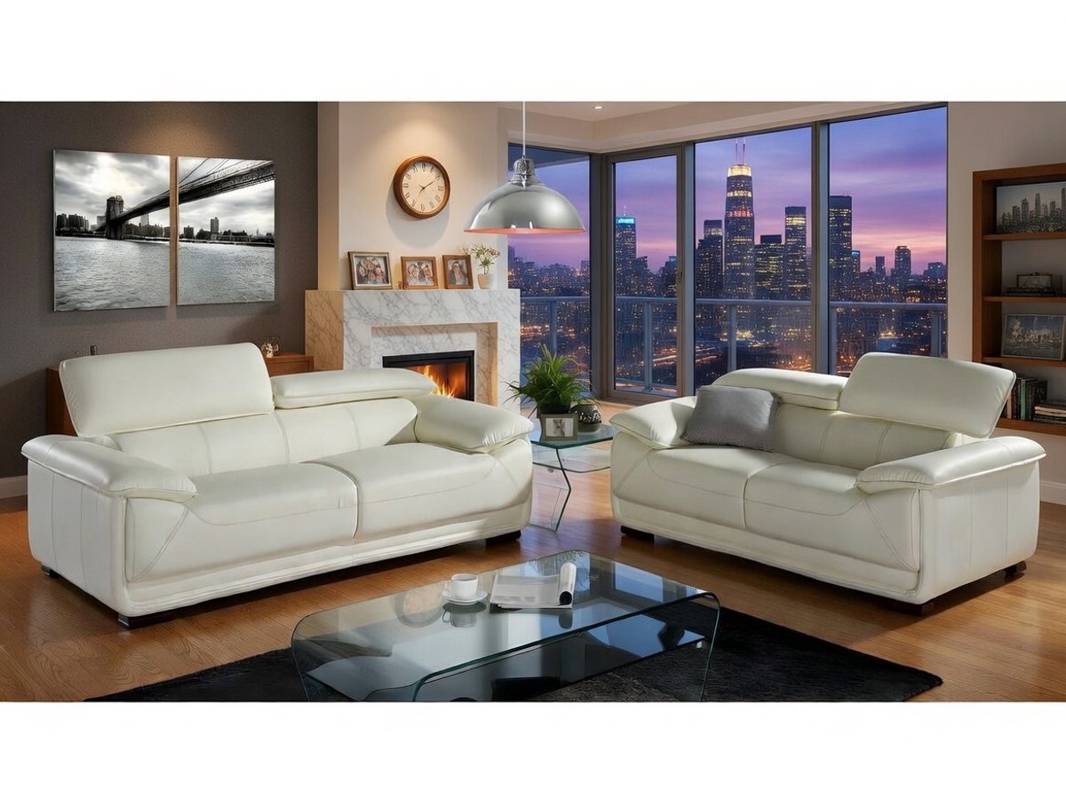 Driezitsbank 204 × 97 × 75 cm – Luxe Leren Bank met Verstelbare Hoofdsteunen en Houten Poten – Moderne 3-Zits Bank van Echt Leer – Ivoor Wit – Milano Comfort – Bellavero