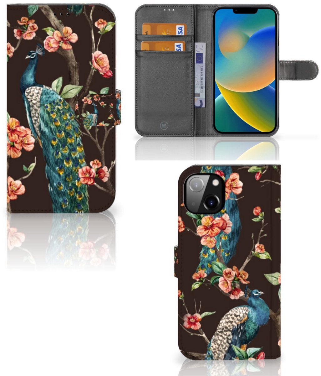 iPhone 14 Plus Telefoonhoesje met Pasjes Pauw met Bloemen