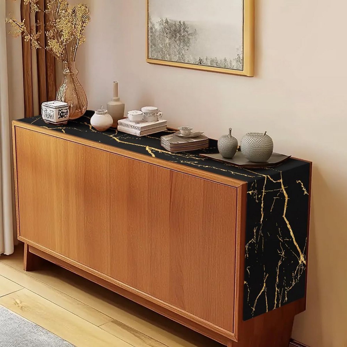 Moderne Tafelloper 40 x 200 cm Zwart en Goud Linnen Marmer