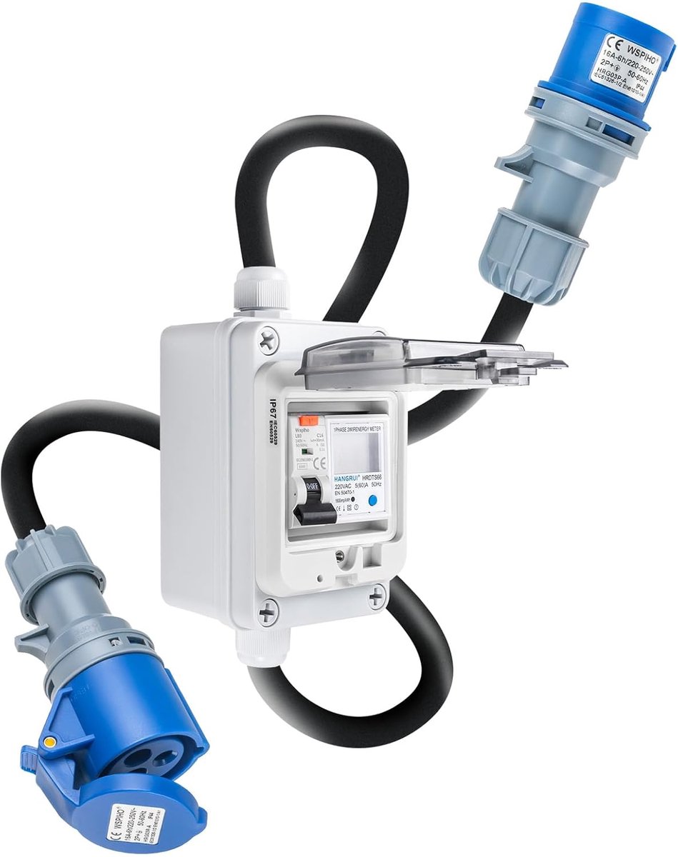 Mobiele digitale stroommeter met FI-schakelaar 16A voor 230V - CEE 3-polige stekker en koppeling