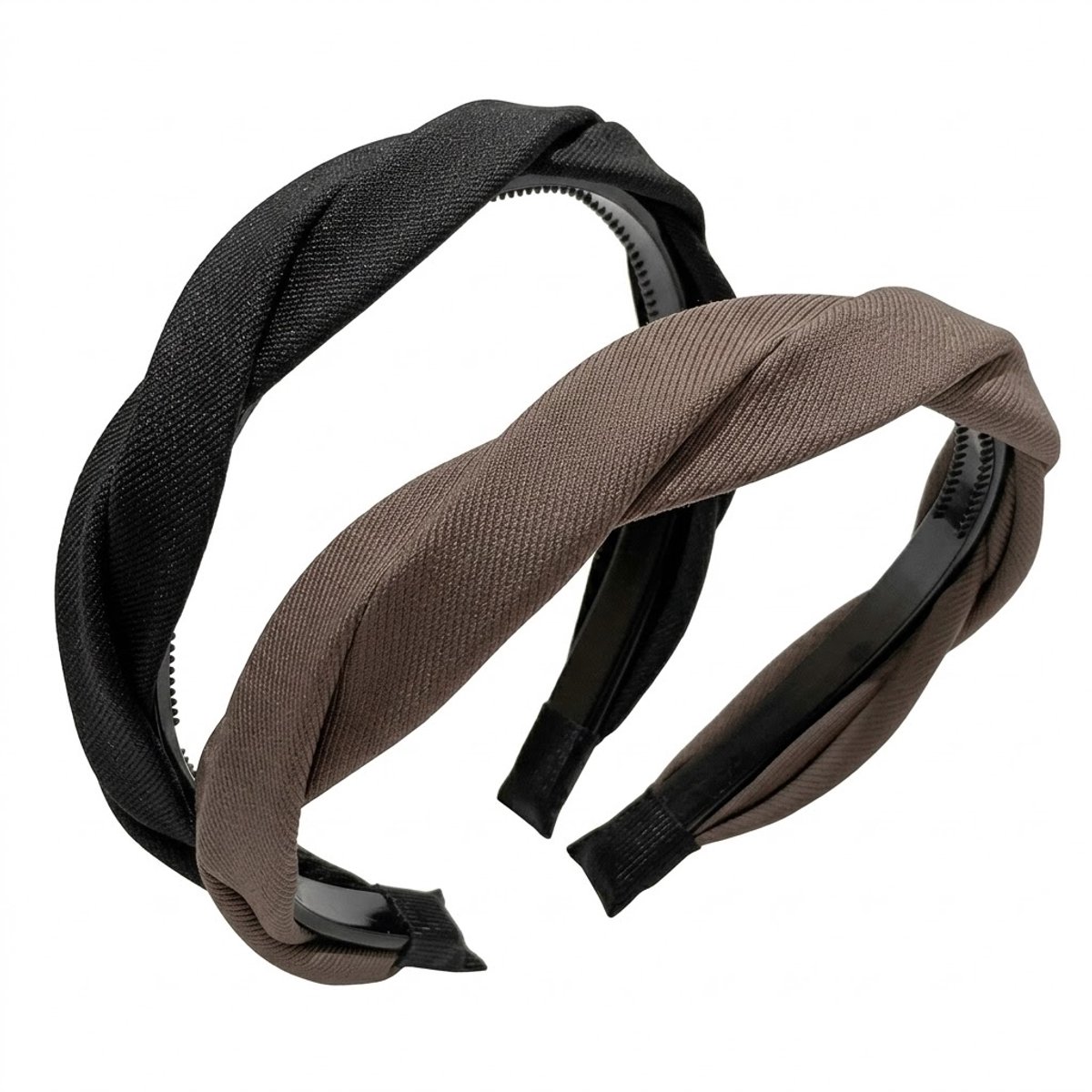 Set van 2 haarbanden – zwart en coffee – dames haar accessoire – brede gedraaide hoofdbanden – stoffen twist design – comfortabele kunststof basis – geschikt voor dagelijks gebruik