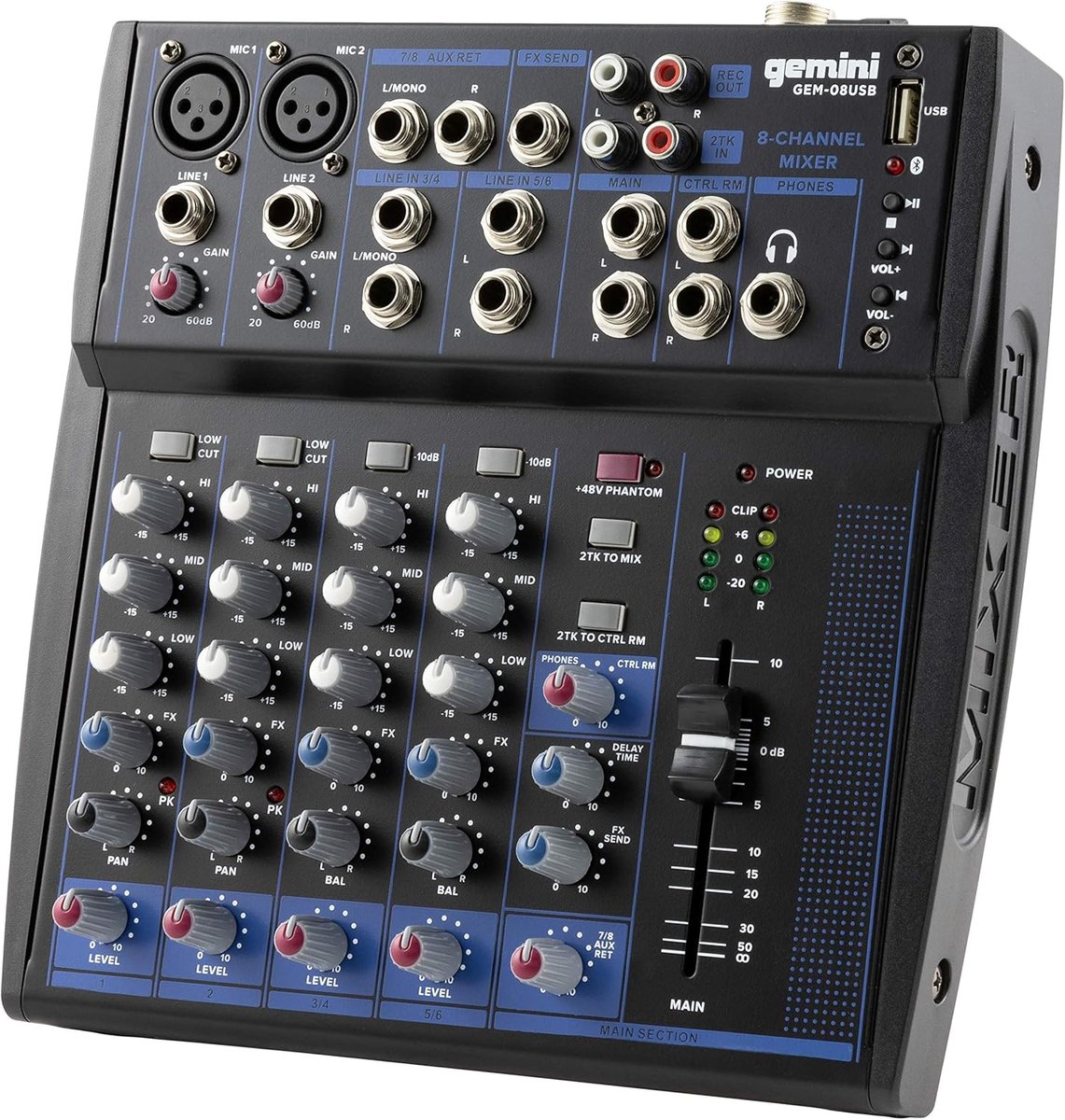Compacte 8-kanaals analoge mixer met USB en Bluetooth voor professioneel geluid