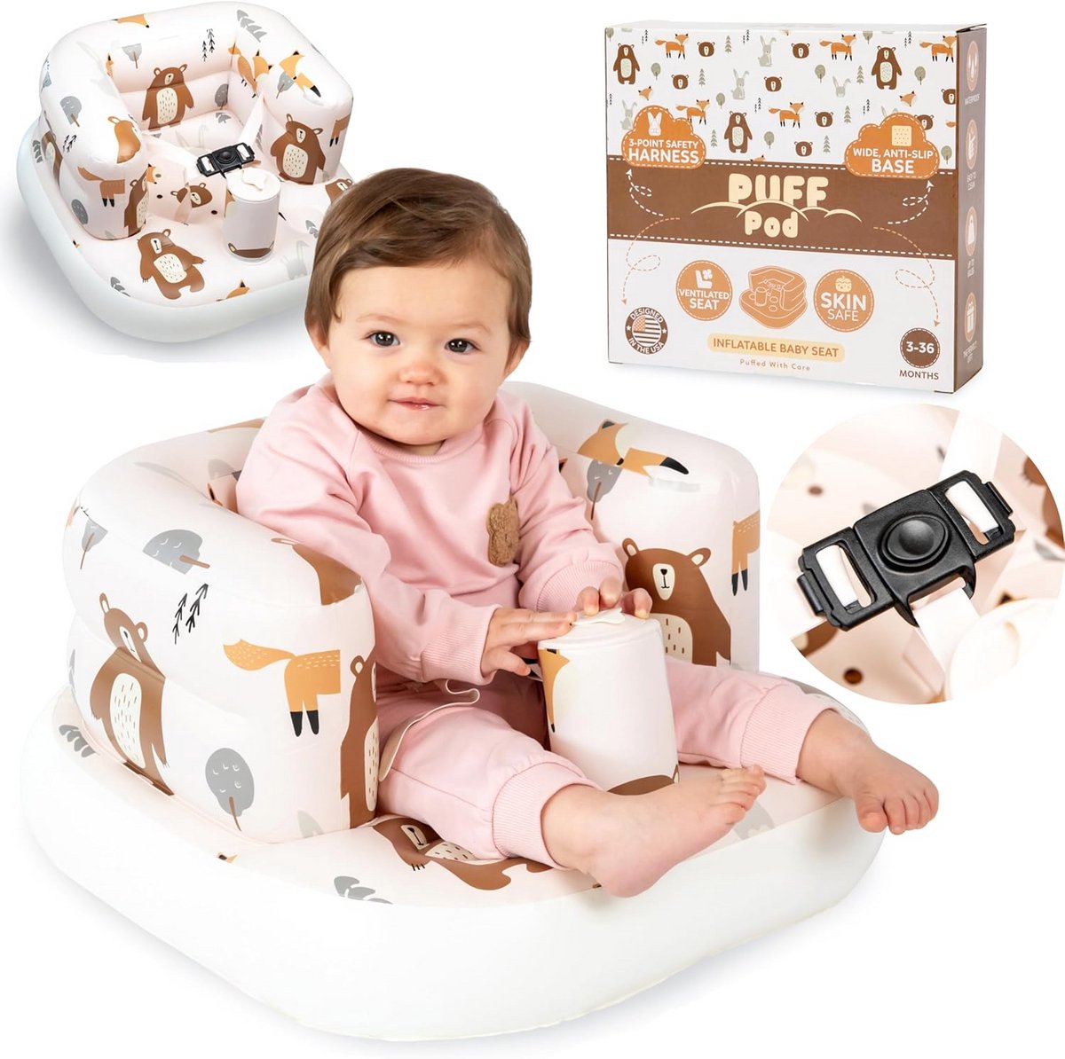 Opblaasbaar babyzitje met veiligheidsharnas en antislipbodem - Draagbaar en comfortabel voor baby's van 3-36 maanden
