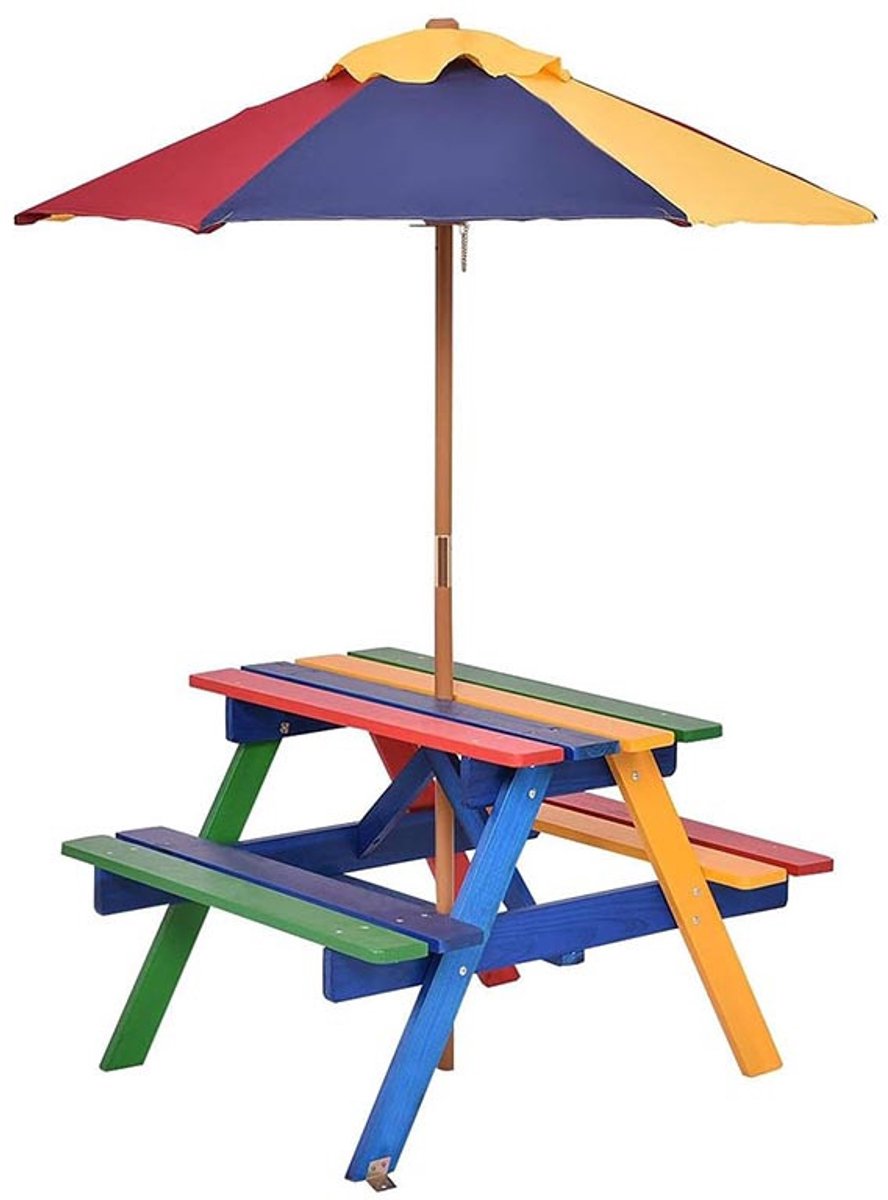 Kinderpicknicktafel en Bankset – Massief Grenenhout – Regenboogkleur – Met Afneembare Parasol – Geschikt 2-4 Kinderen – Buiten & Binnen