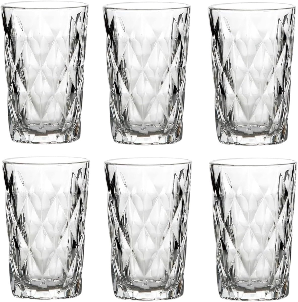 Set van 6 gekleurde wijnglazen en drinkglazen met diamantpatroon