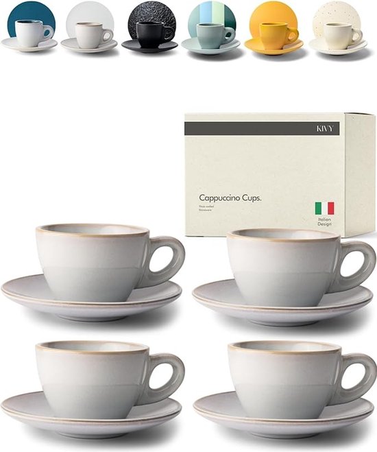 Ensemble de 4 tasses à café à parois épaisses avec soucoupes, couleur grise, faïence faite à la main