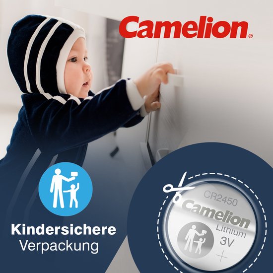 Kind dat met Camelion CR2450 lithium batterij speelt, met kindveilige verpakking icoon.