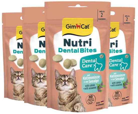 GimCat Nutri Dental Bites kattensnack, verpakking van 4, met kattenkruid en zeewier.