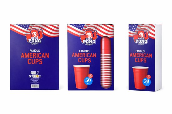 Verpakking met rode beerpong bekers, met een Amerikaanse vlag en de tekst 'Famous American Cups'. 50 stuks.