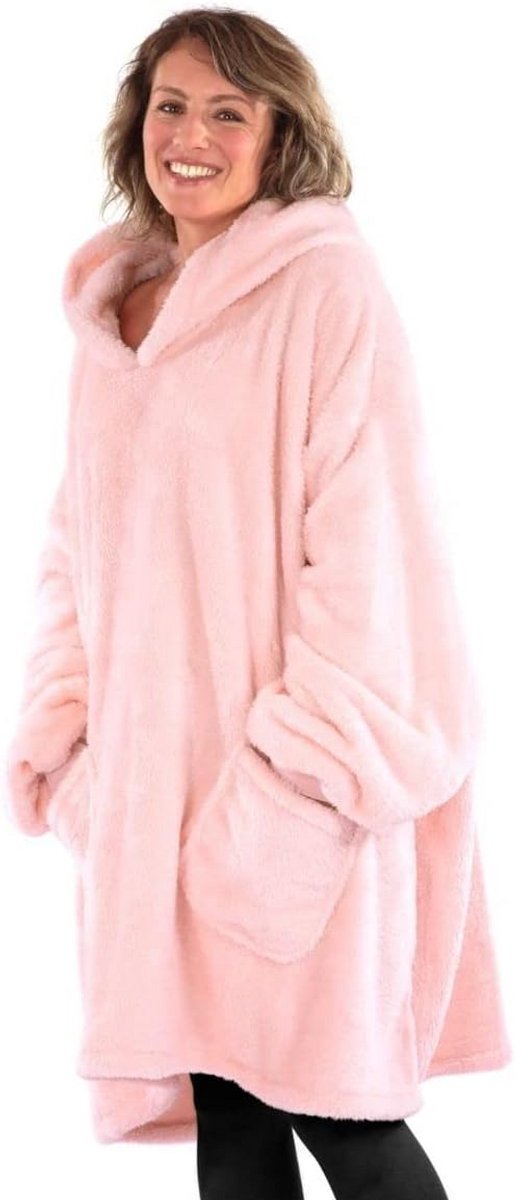 Hooded Wearable Blanket Deken voor Volwassenen - Oversized Sherpa Fleece, Zacht en Comfortabel, Unisex - Ideaal voor Winter, Roze en Grijs