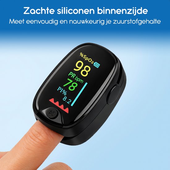 Vingerpulsoximeter met %SpO2 98, PRbpm 78, PI% 8.2, op een vinger met zachte siliconen binnenzijde.