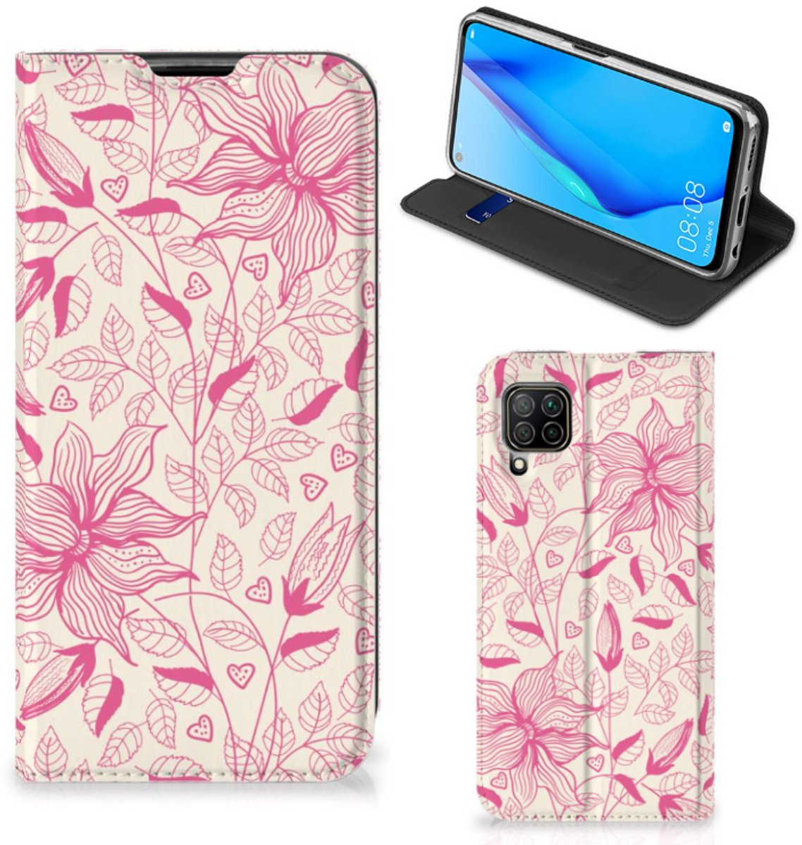 Book Case voor Huawei P40 Lite Smart Cover Pink Flowers