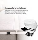 Een witte matraswig en rol met banden, klaar voor installatie om twee matrassen te verbinden.