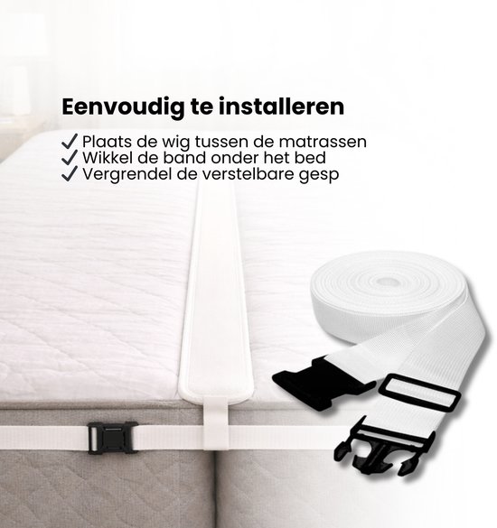 Een witte matraswig en rol met banden, klaar voor installatie om twee matrassen te verbinden.