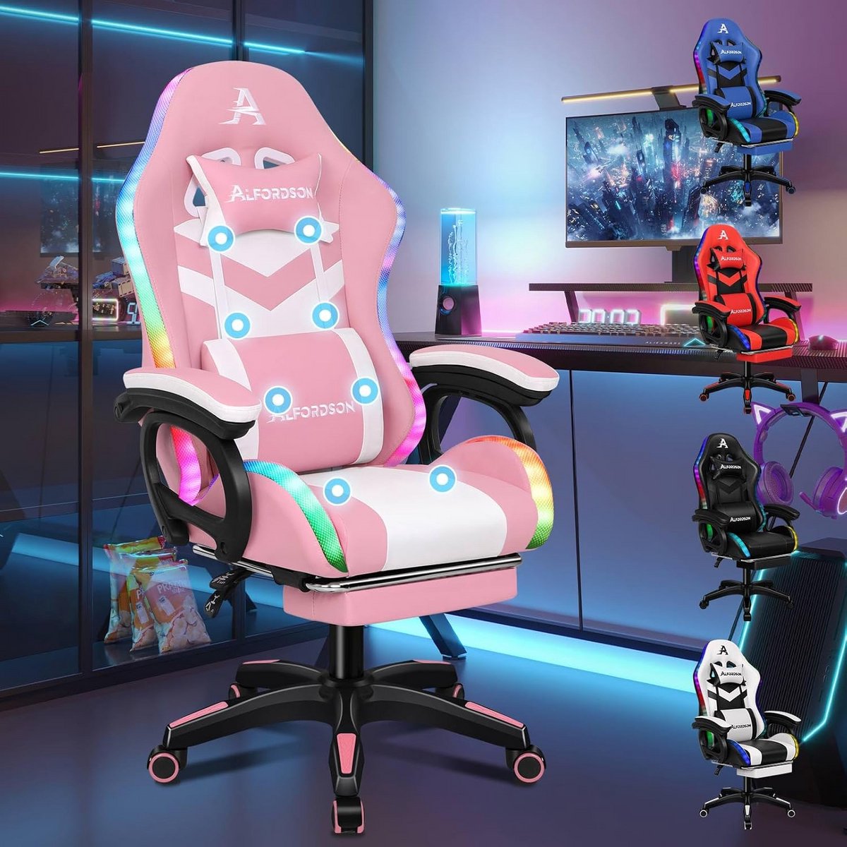 Ergonomische Gaming Stoel met Massagefunctie en RGB Verlichting - Roze