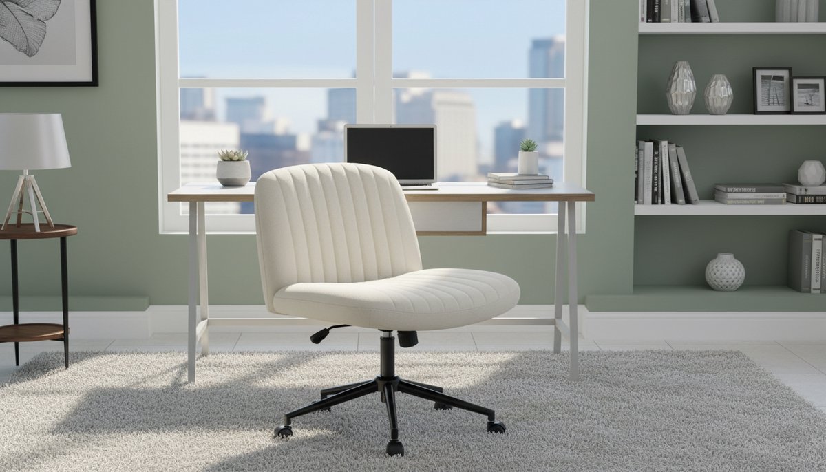 Bureaustoel Casa Velluto FlexiMove – Armloze, In Hoogte Verstelbare Bureaustoel Met Wielen – Ergonomisch, Stoffen Bekleding, Brede Zitting Voor Kleermakerszit – Ideaal Voor Thuis, Kantoor, Slaapkamer – Beige