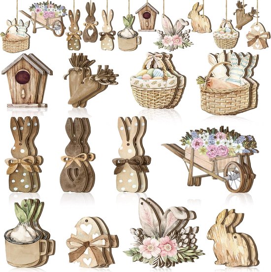 24 stuks - Paashangers - Paasdecoratie Hangdecoraties - Lente & Paasdecoratie - Konijnen, Manden & Bloemen - Vintage Stijl - paaseitjes - konijntjes - Veelzijdig te gebruiken - Geschikt voor Paasboom, Deur & Tafel